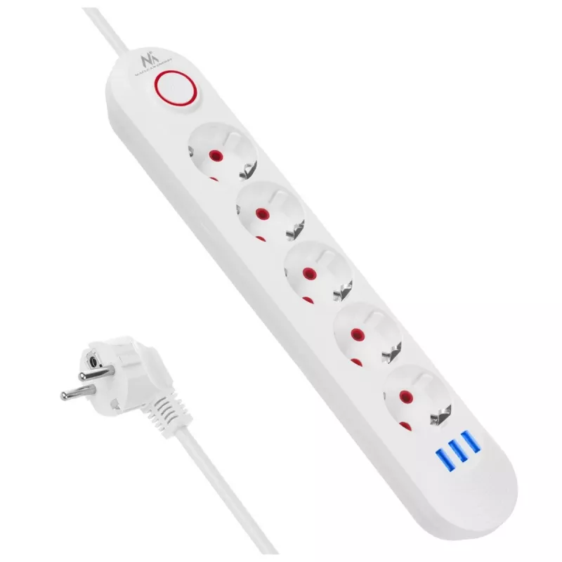 Extensão elétrica MACLEAN MCE395 W — 5 tomadas, 3× USB A, 110–240 V AC, 2,1 A USB, máx. 2500 W, branco, cabo de 1,5 m