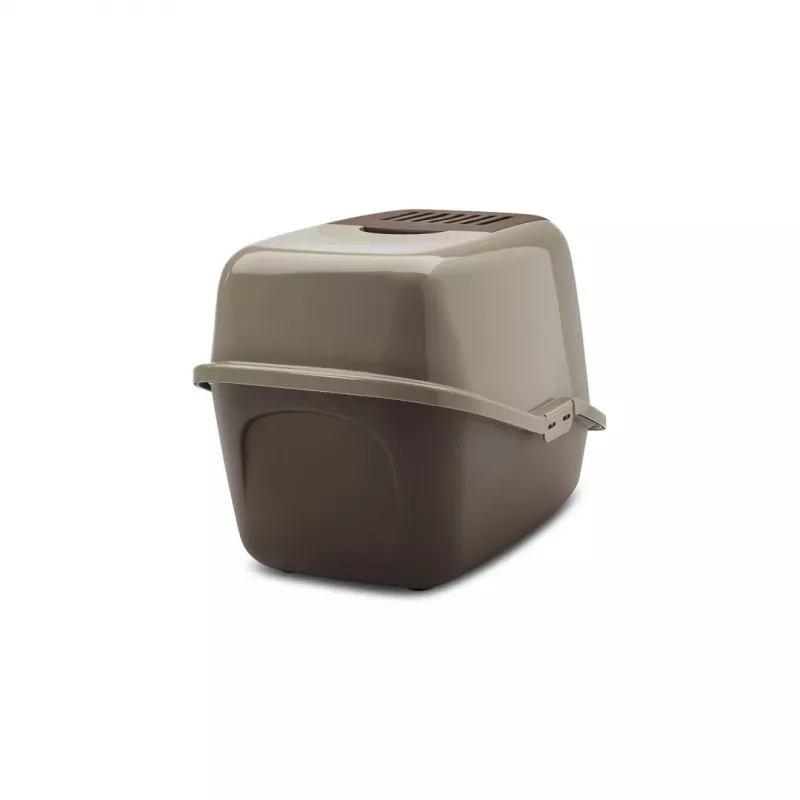 Caixa de areia para gatos com tampa Savic Nestor, plástico, 56×39×38,5 cm, cinzento quente–castanho chocolate