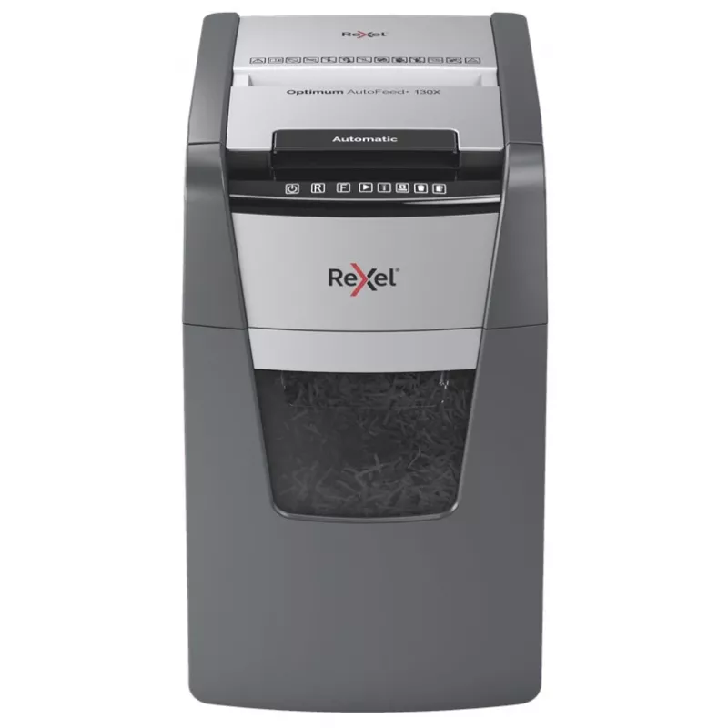 Destruidora de documentos Rexel Optimum AutoFeed+ 130X corte cruzado 55 dB 22 cm preto, prateado