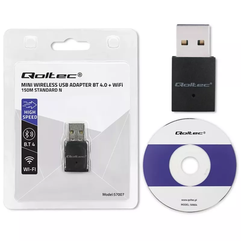 Adaptador Wi-Fi Mini USB sem fios compacto QOLTEC 57007 – Single-Band 2,4 GHz, até 150 Mbit/s, antena interna