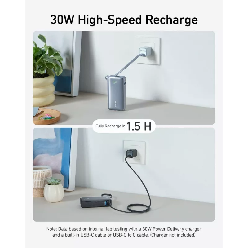 Powerbank 545 NANO 30W 10000mAh com cabo USB-C integrado, preto