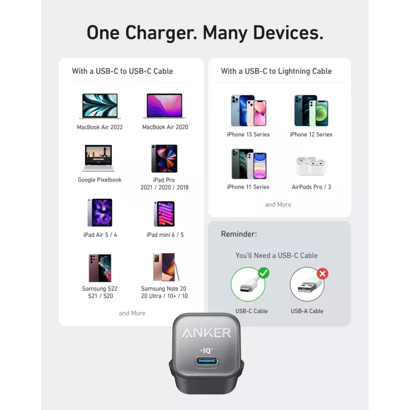 Carregador AC interior Anker 511 Nano 3 — 30W, 1× USB-C, 100–240V, preto