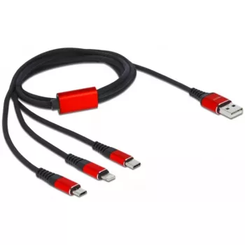 Cabo de carregamento USB DeLOCK 3 em 1 Type-A para Lightning / 2 x USB Type-C 1 m preto / vermelho