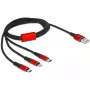 Cabo de carregamento USB DeLOCK 3 em 1 Type-A para Lightning / 2 x USB Type-C 1 m preto / vermelho