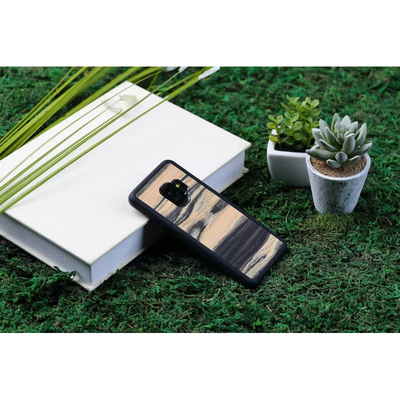 Capa para smartphone em madeira para Samsung Galaxy S9, ébano branco/acabamento preto