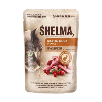 Alimento húmido para gatos SHELMA rico em pato em molho, 85 g saqueta, gatos adultos, sem cereais, alimento completo
