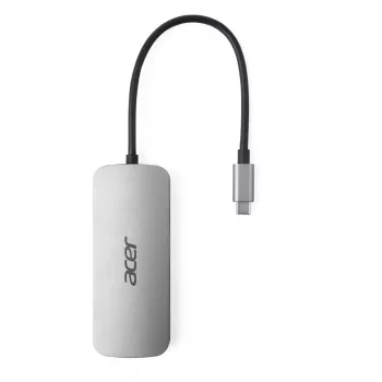 Dongle USB-C 7 em 1 Acer — USB 3.2 Gen 1 Type-C, 3x USB-A, HDMI, SD/MicroSD, 100W PD, prateado