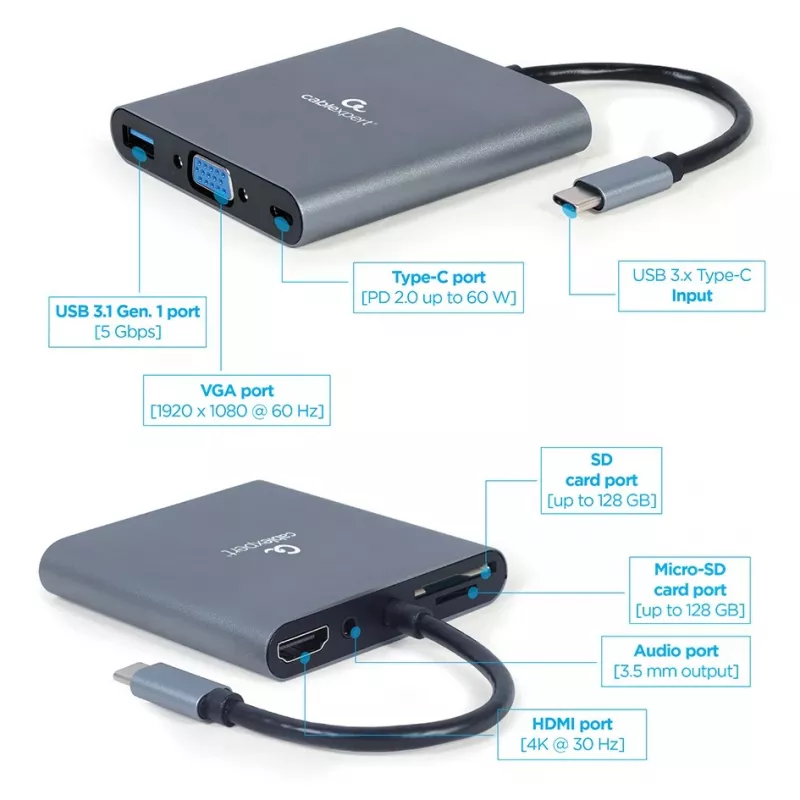 Gembird A-CM-COMBO6-01 adaptador multiporta USB-C 6 em 1, USB 3.1 Gen 1, HDMI 4K, VGA, PD 60 W, leitor SD/microSD, áudio de 3,5 mm, cinzento
