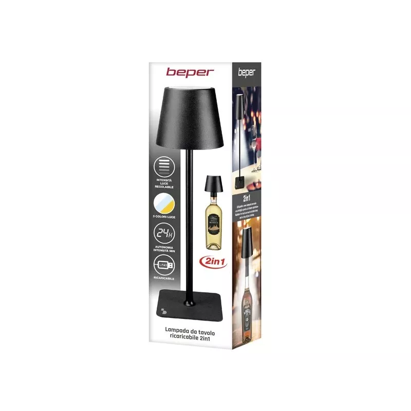 Beper P201UTP118 candeeiro de mesa LED recarregável, 1,5 W, interruptor tátil, regulável, adaptador para garrafa de 33 mm, resistente à água, preto