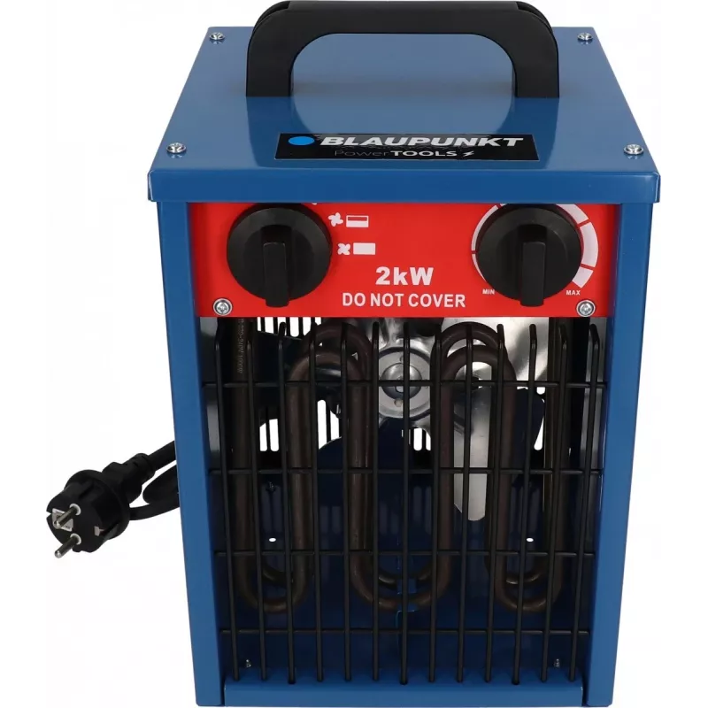 Aquecedor elétrico com ventilador BLAUPUNKT EH7010 – 2000 W, elemento em aço inoxidável, IPX4, instalação no chão, para até 22 m², preto/azul/vermelho
