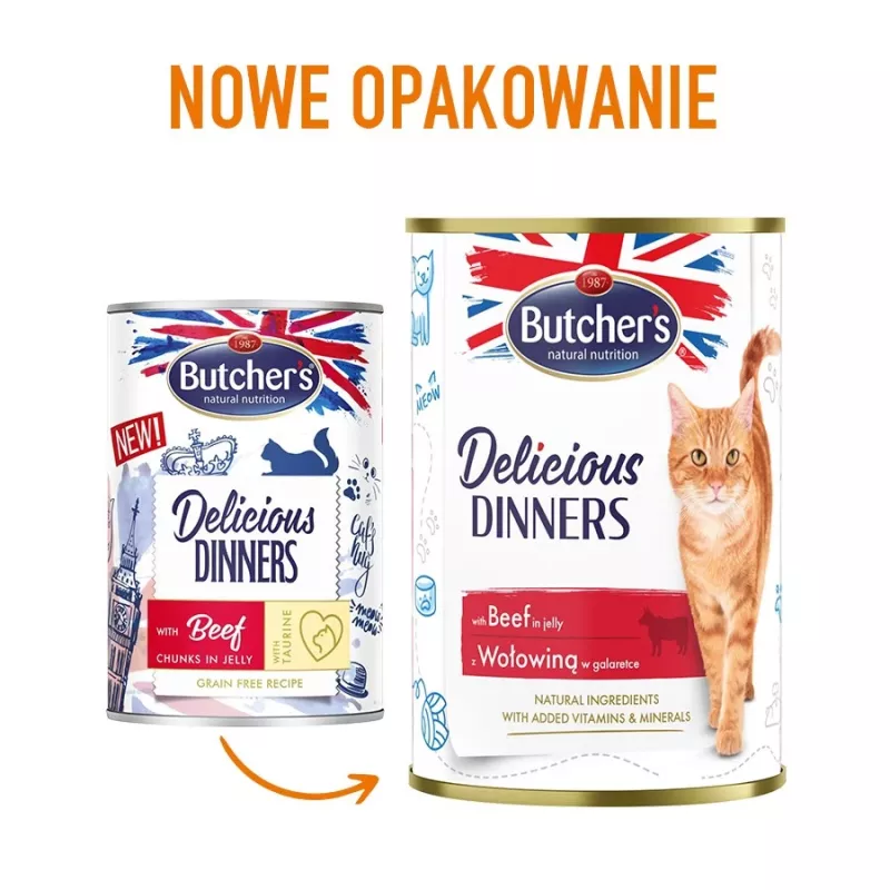 Comida húmida para gatos Butcher's Delicious Dinners 400 g — vaca, sem cereais, Adulto