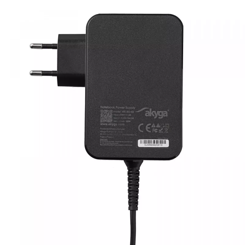 Fonte de alimentação para portátil Akyga AK-ND-82 USB-C GaN 90 W, PD 3.0, 5–20 V, cabo de 1,8 m, preto