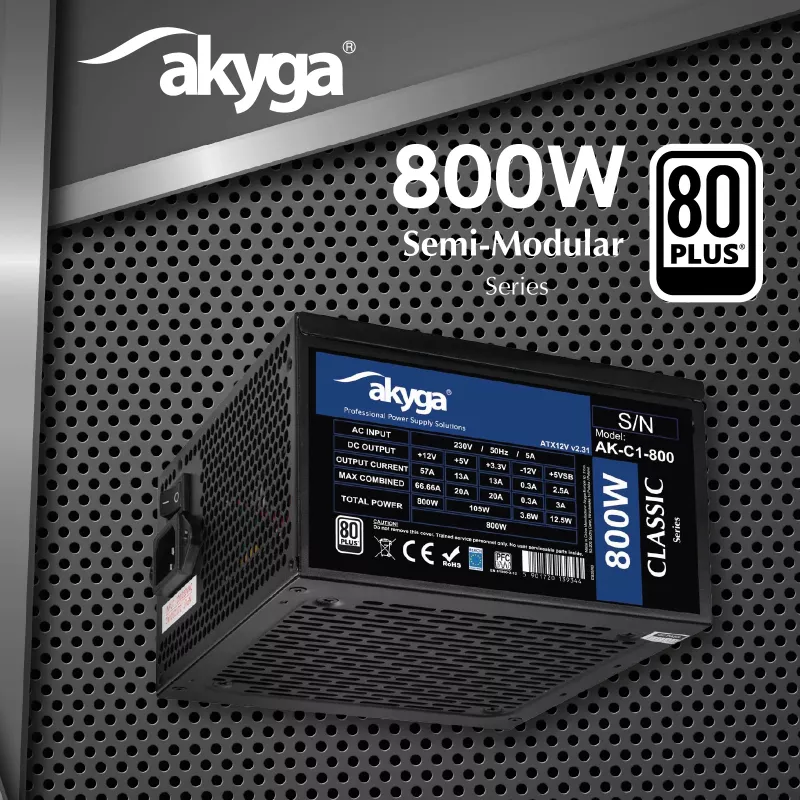 Fonte de alimentação ATX Akyga Classic AK-C1-800 800 W, 80 PLUS, PFC ativo, ventoinha de 120 mm