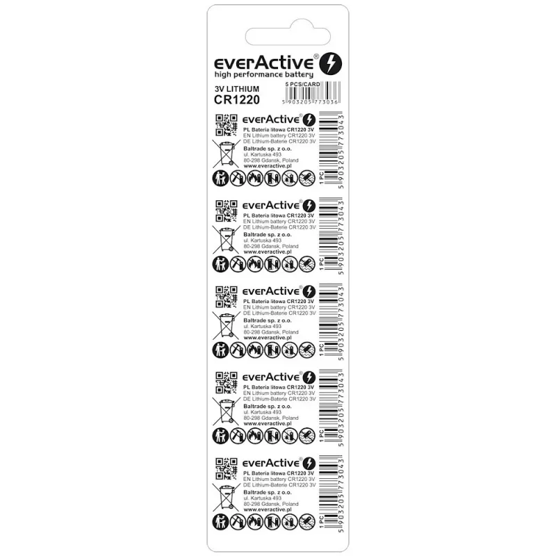 Pilha de lítio tipo botão everActive CR1220 — 3V, 40 mAh, 12,5×2 mm, descartável, 5 unid.