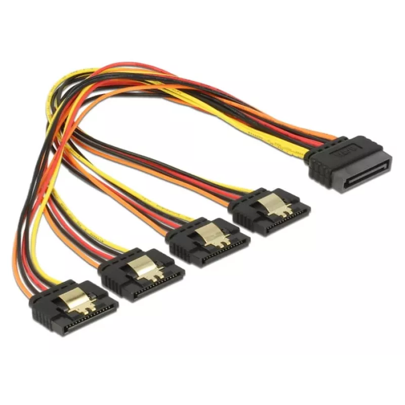 Delock 60157 cabo de extensão de alimentação SATA, SATA 15 pinos (M) com encaixe para 4x SATA 15 pinos (F), 0,3 m, preto/amarelo/vermelho/laranja