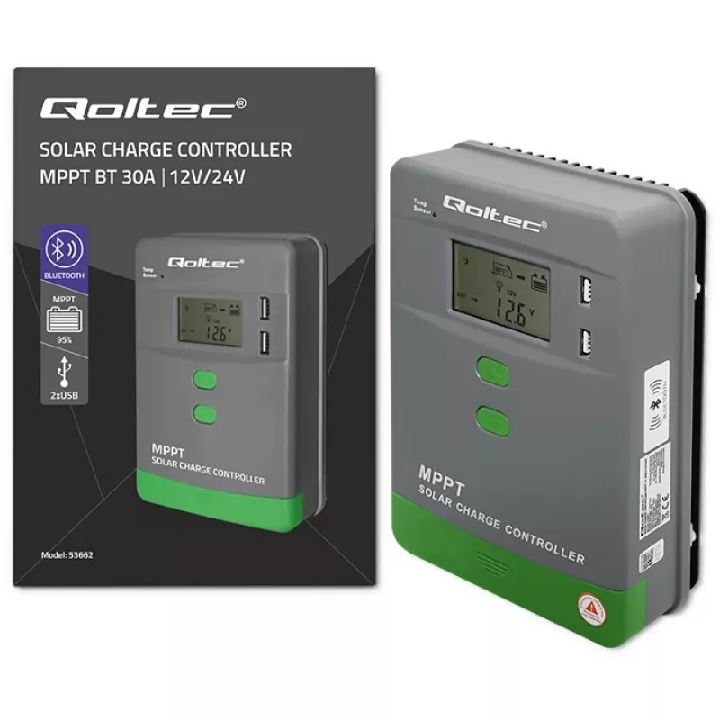 Controlador de carga solar MPPT QOLTEC 53662 com sensor de temperatura