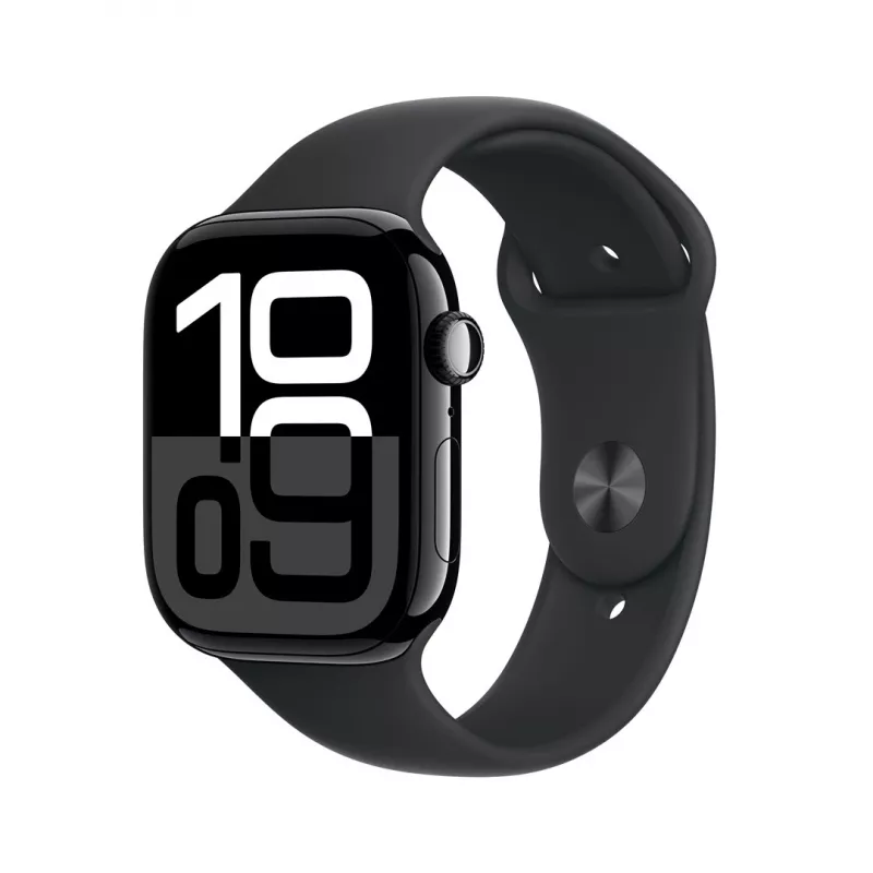 Apple Watch Series 10 GPS 46 mm caixa de alumínio em Jet Black com pulseira desportiva preta – M/L