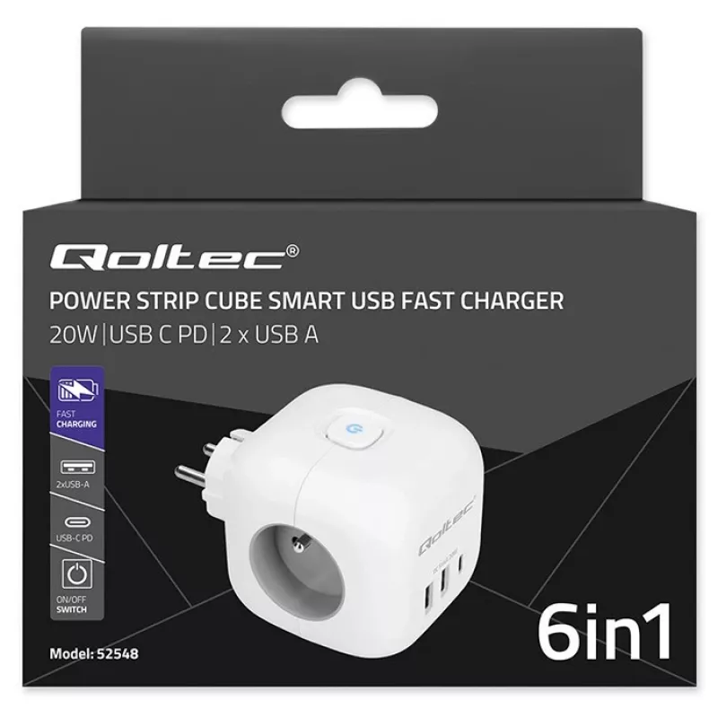 Régua de tomadas QOLTEC 52548 com 3 tomadas AC e porta USB