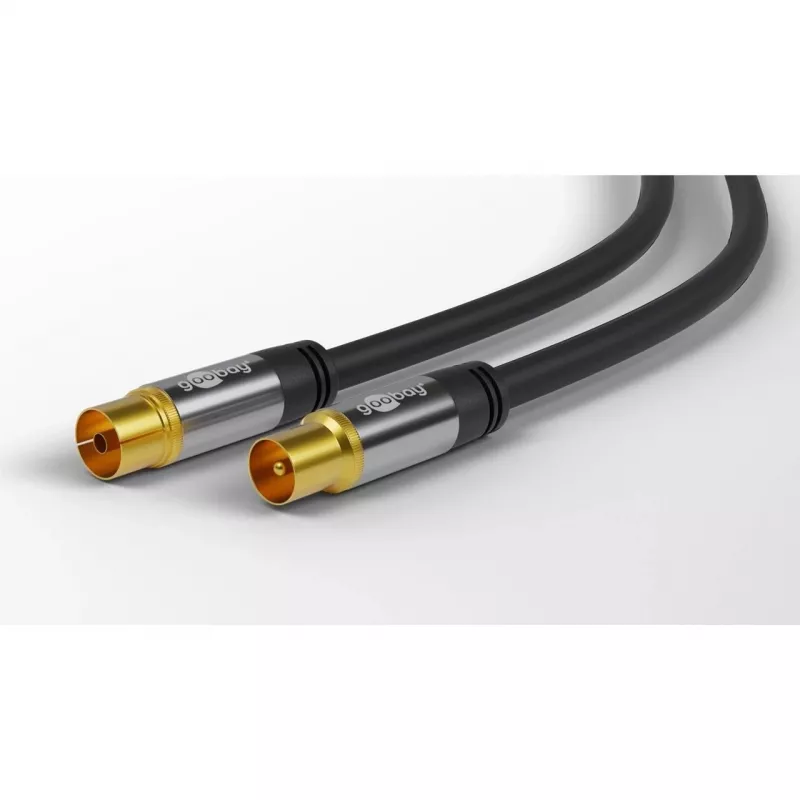 Cabo de antena de TV Goobay (tipo 135 dB), blindagem quádrupla, 5 m, preto – banhado a ouro, conector fêmea coaxial > ficha coaxial (70384)