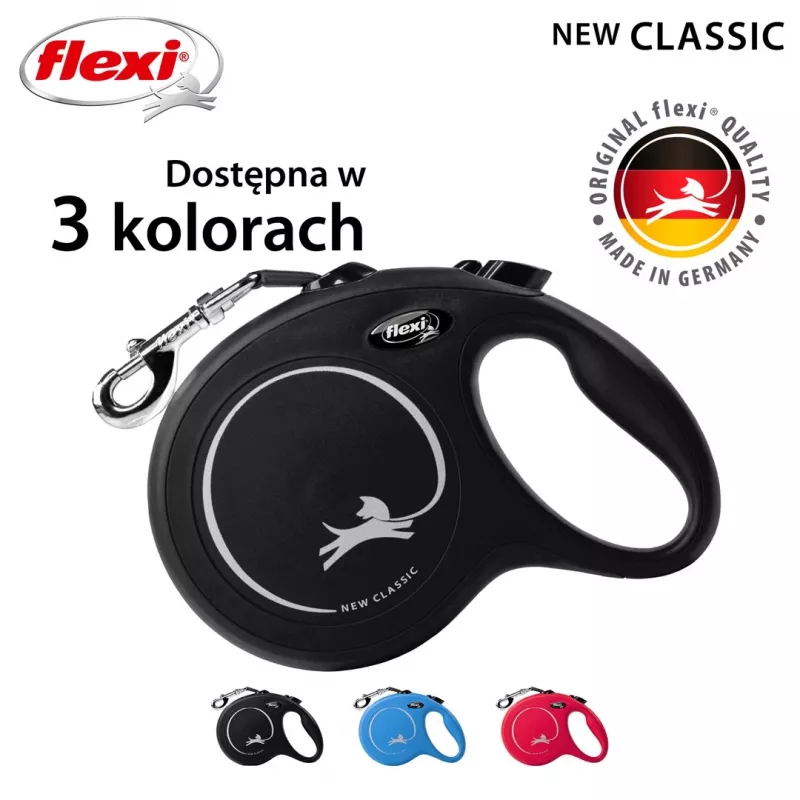 Flexi New Classic L trela extensível para cães, fita, 5 m, até 50 kg, preta