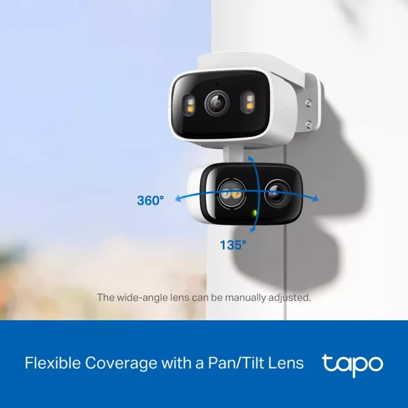 TP-Link Tapo C246D câmara de segurança de interior / exterior com lente dupla e rotação horizontal/vertical, 2K 3MP (2304×1296), grande angular de 125° + teleobjetiva de 6 mm, IP65, Wi-Fi, microSD até 512 GB