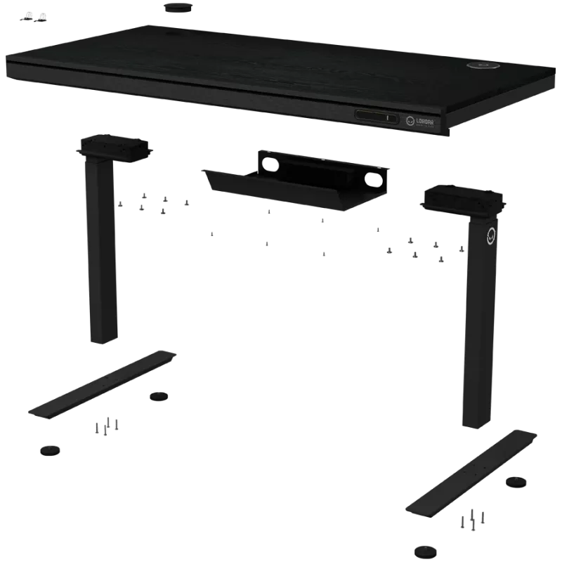 Secretária gaming de altura ajustável com motor duplo, carregador sem fios, iluminação RGB, painel de controlo e portas USB, tampo com superfície de melamina PB, preto