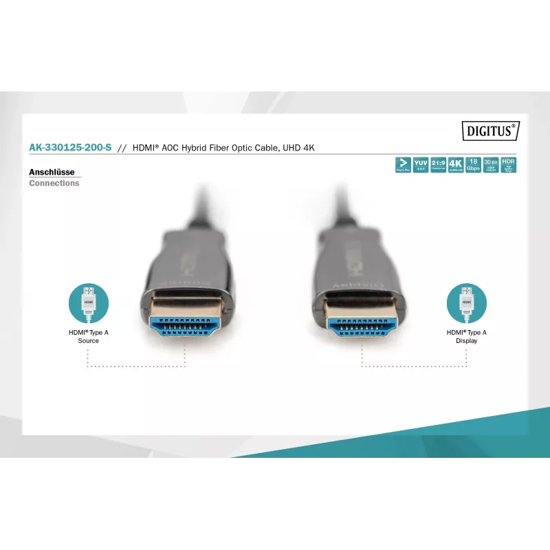 Cabo de fibra ótica híbrida HDMI AOC Digitus AK-330125-200-S