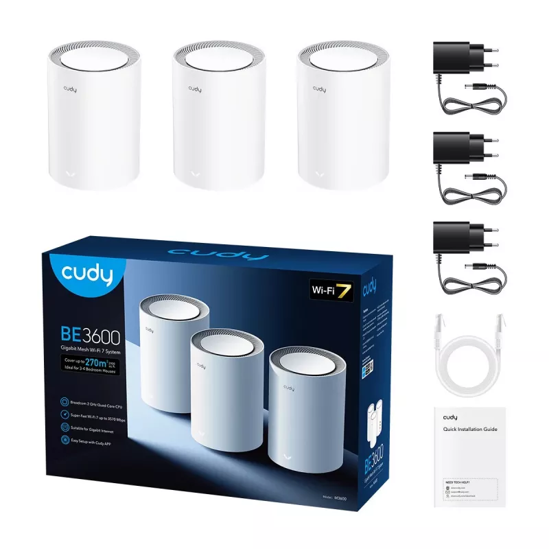 Sistema Mesh Cudy M3600 Wi‑Fi 7 dual-band (2,4/5 GHz), pack de 3, 2882/688 Mbit/s, 3x LAN, antenas internas
