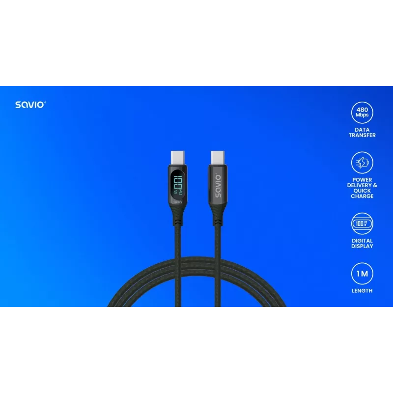 Savio CL-174 cabo USB-C para USB-C, 100 W, Power Delivery/Quick Charge, visor digital, 1 m, verde