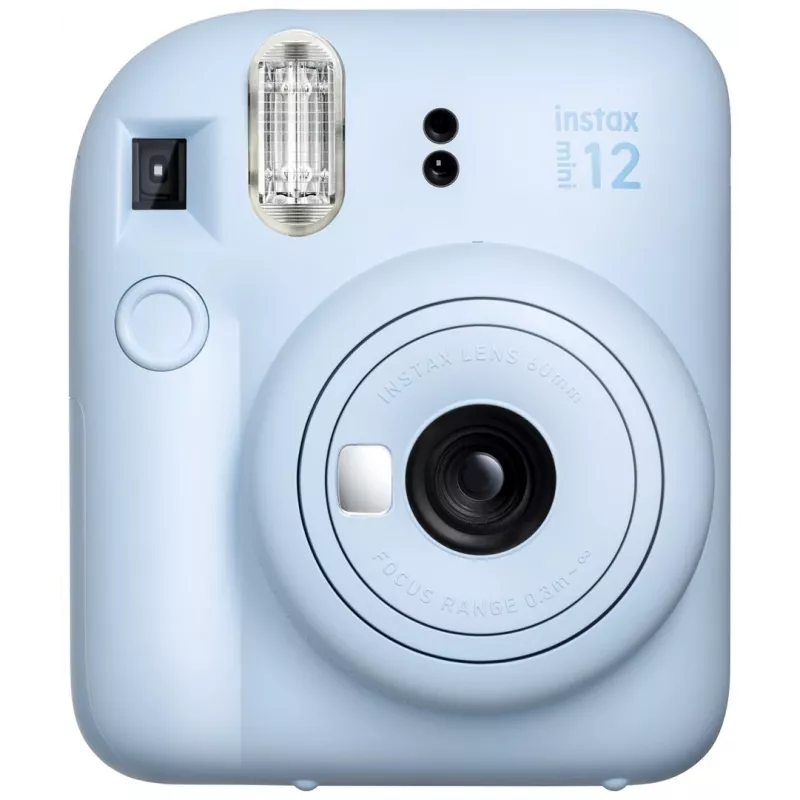 Máquina fotográfica instantânea Fujifilm Instax Mini 12 azul — impressões 86 x 54 mm, distância focal 60 mm, obturador eletrónico