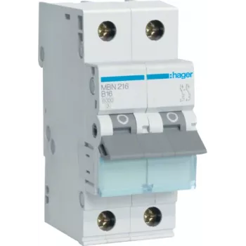 Hager MBN216. Número de polos: 2P. Frequência de rede: 50/60 Hz, Corrente nominal de saída: 16 A (MBN216)