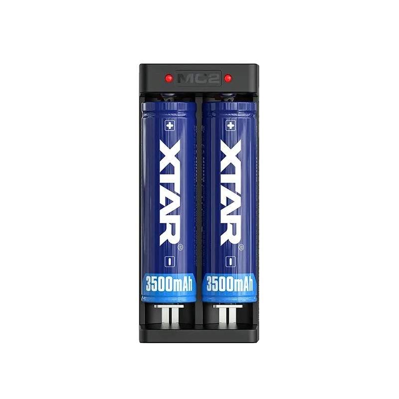 Carregador de baterias Li-Ion XTAR de dois slots para células 18650, entrada USB-C, 2 slots, preto, indicadores LED
