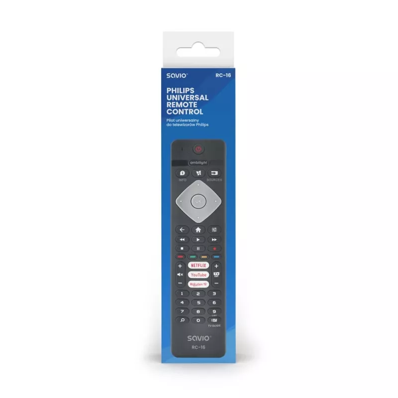Comando à distância IR SAVIO RC-16 para sintonizador de TV / set-top box, 20 dispositivos, alcance 10 m, preto