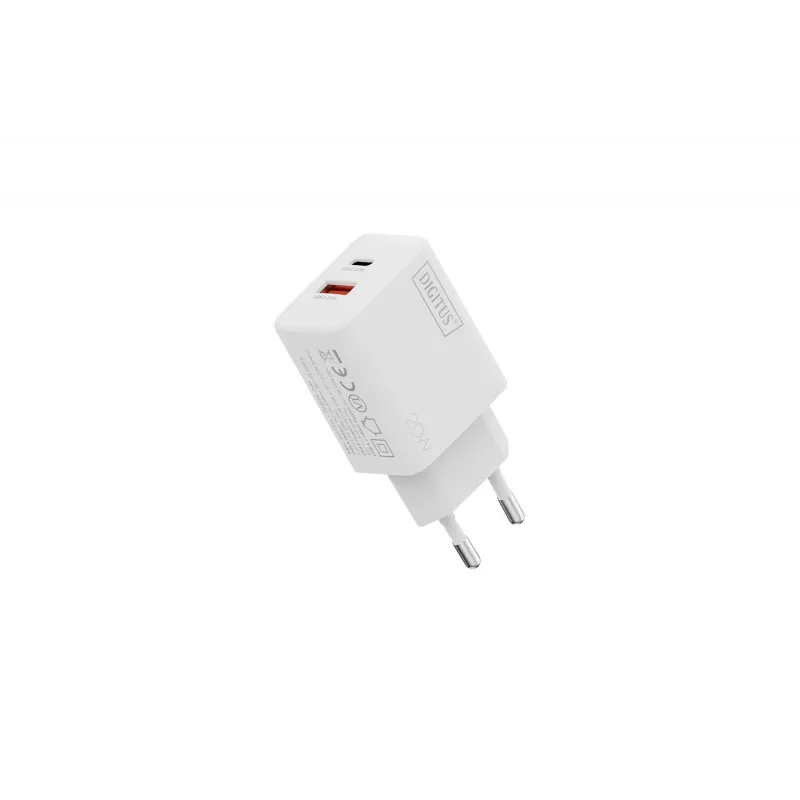 Carregador USB de parede DIGITUS 20W, 1x USB-C, 1x USB-A, entrada 100–240V, branco