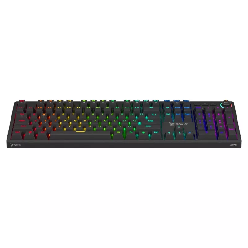 SAVIO STYX teclado mecânico gaming, switches Outemu Red, hot-swap, tamanho completo, disposição US, RGB, USB com fio, cabo de 1,5 m, preto