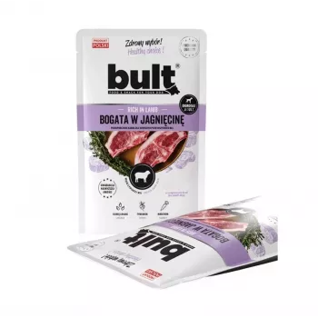 Comida húmida para cães BULT Rica em cordeiro 100 g saco — alimento completo para cães adultos, 75 % humidade, 12 % proteína, sem cereais