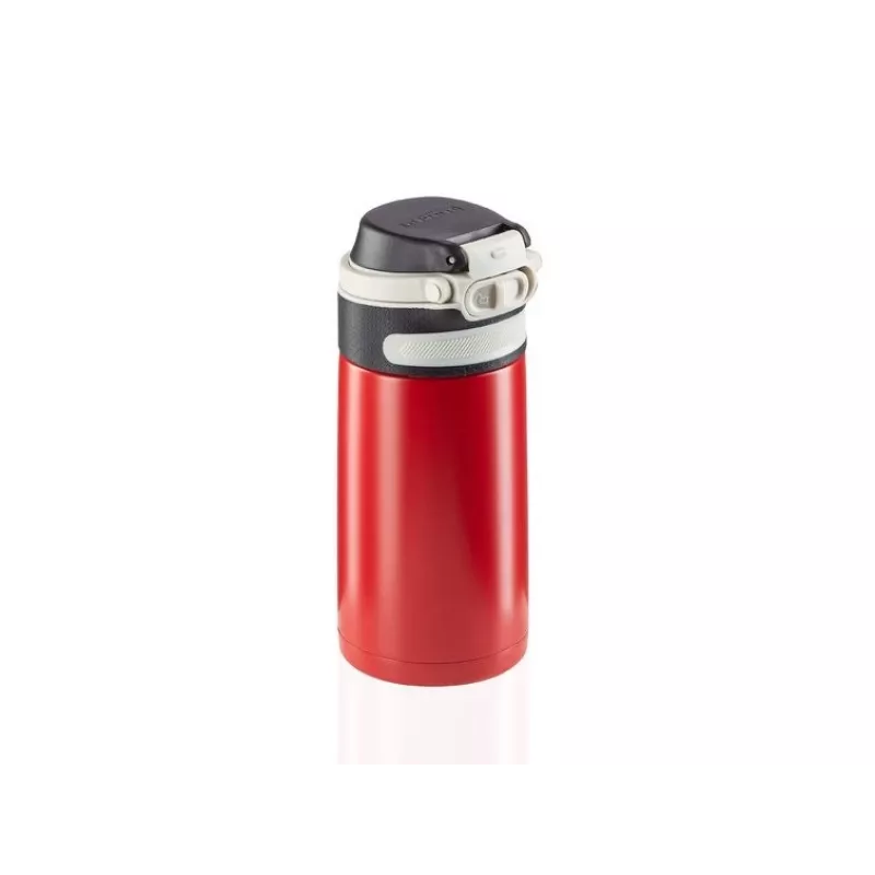 Caneca térmica Leifheit 03245 aço inoxidável 350 ml, parede dupla, à prova de fugas, tampa articulada, preta/vermelha