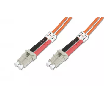 Cabo patch de fibra ótica DIGITUS LC/LC 50/125 µm 3 m multimodo duplex isento de halogéneos até 1 Gbit com relatório de medição laranja OM2 (DK-2533-03)