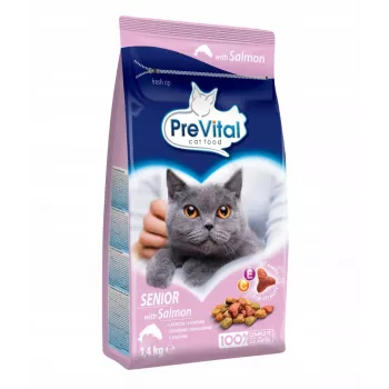 Alimento seco para gatos PREVITAL Senior Salmon 1,4 kg — fórmula sénior, 31% proteína, 9% gordura