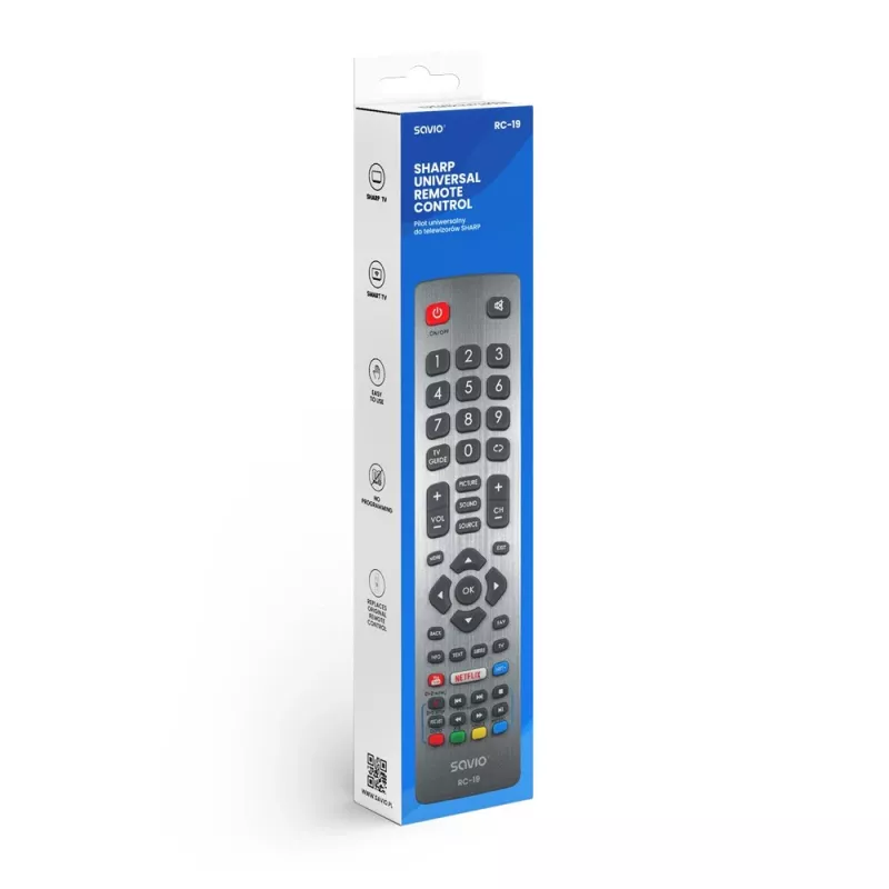 Comando à distância universal SAVIO RC-19 para Sharp, 47 botões, cinzento, alcance 10 m, caixa em plástico