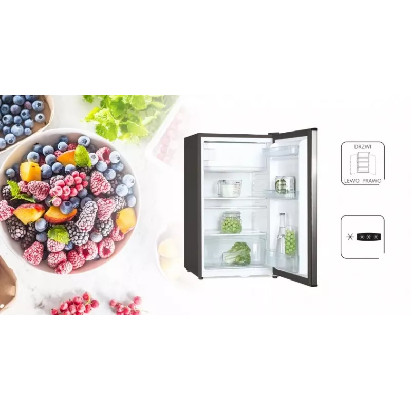 Frigorífico vertical MPM 112-CJ-16/AA — 82 L totais, 69 L de refrigeração, 11 L de congelação, cinzento, 480×500×840 mm, porta reversível, classe E