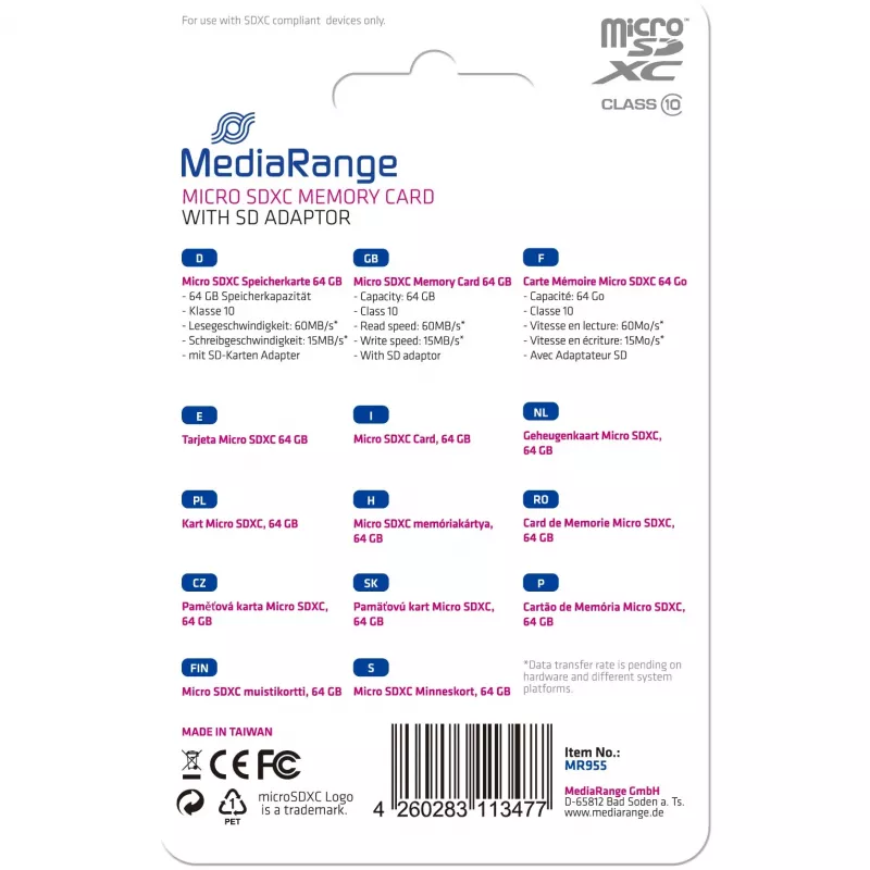 Cartão de memória MediaRange 64GB MicroSDXC Class 10 MR955