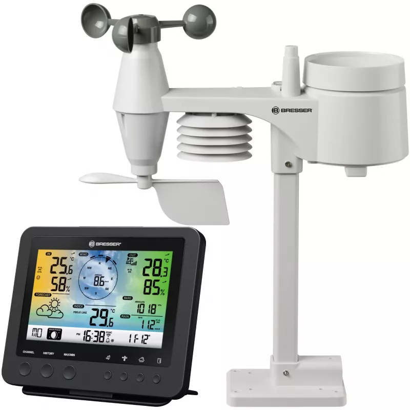 Bresser 7002580 Weather Center 5-in-1 estação meteorológica digital Wi-Fi com sensor profissional, ecrã de 5,7″, alimentação elétrica, preta