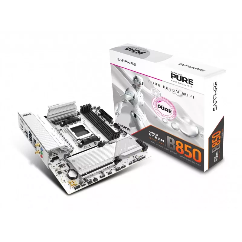 Placa-mãe Sapphire PURE B850M WIFI Micro ATX — AMD B850, Socket AM5, DDR5 até 8000 MHz, 4 DIMM, Wi‑Fi 6, 2,5 Gb LAN, 2× M.2, PCIe 5.0 x16