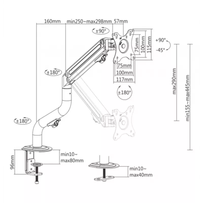 Gembird MA-DA1-02 braço de suporte de secretária ajustável para monitores (inclinável), 17