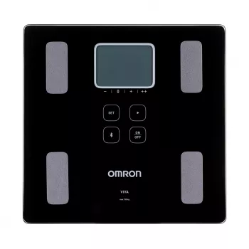 Balança de pessoa eletrónica Omron VIVA – quadrada, preta, máx. 150 kg, precisão 100 g, gordura corporal/IMC/TMB, memória para 30 utilizadores