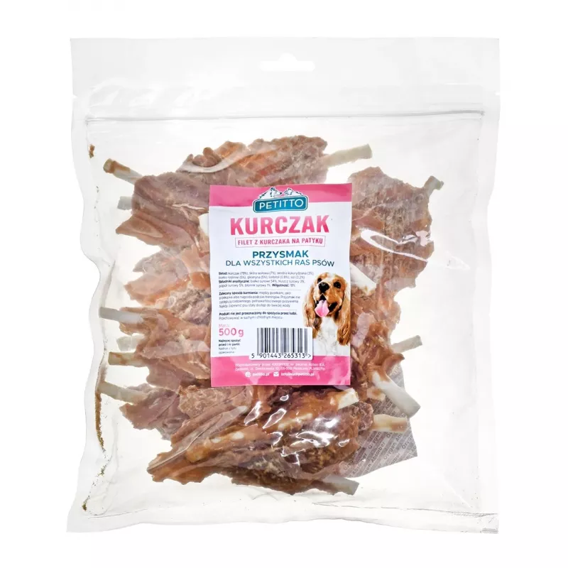 Petiscos para cães PETITTO Filete de frango no stick 500 g — snack dietético de aves, embalagem de plástico 500 g