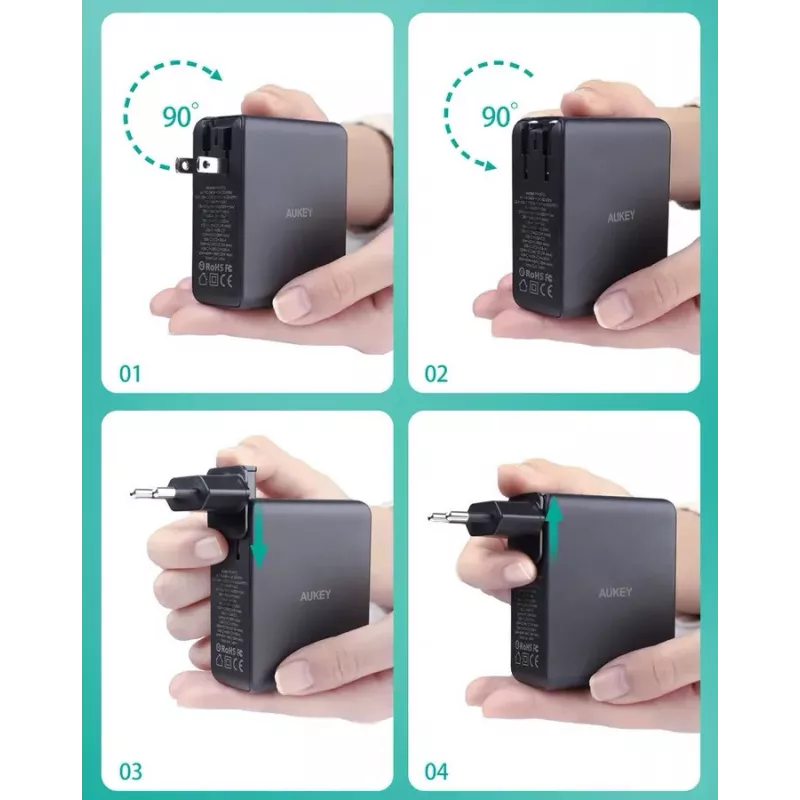 Carregador de parede Aukey PA-B7O, 3×USB, tecnologia GaN