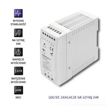 Fonte de alimentação para calha DIN Qoltec | 40W | 24V | 1.67A | branco | slim