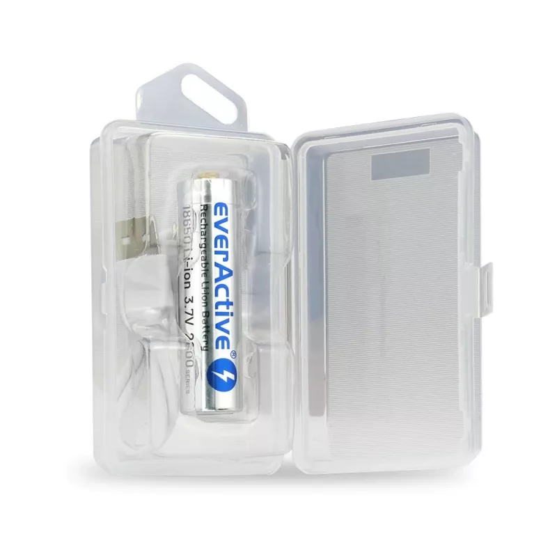 Pilha everActive 18650 3.7V Li-ion 2600mAh micro USB com proteção BOX
